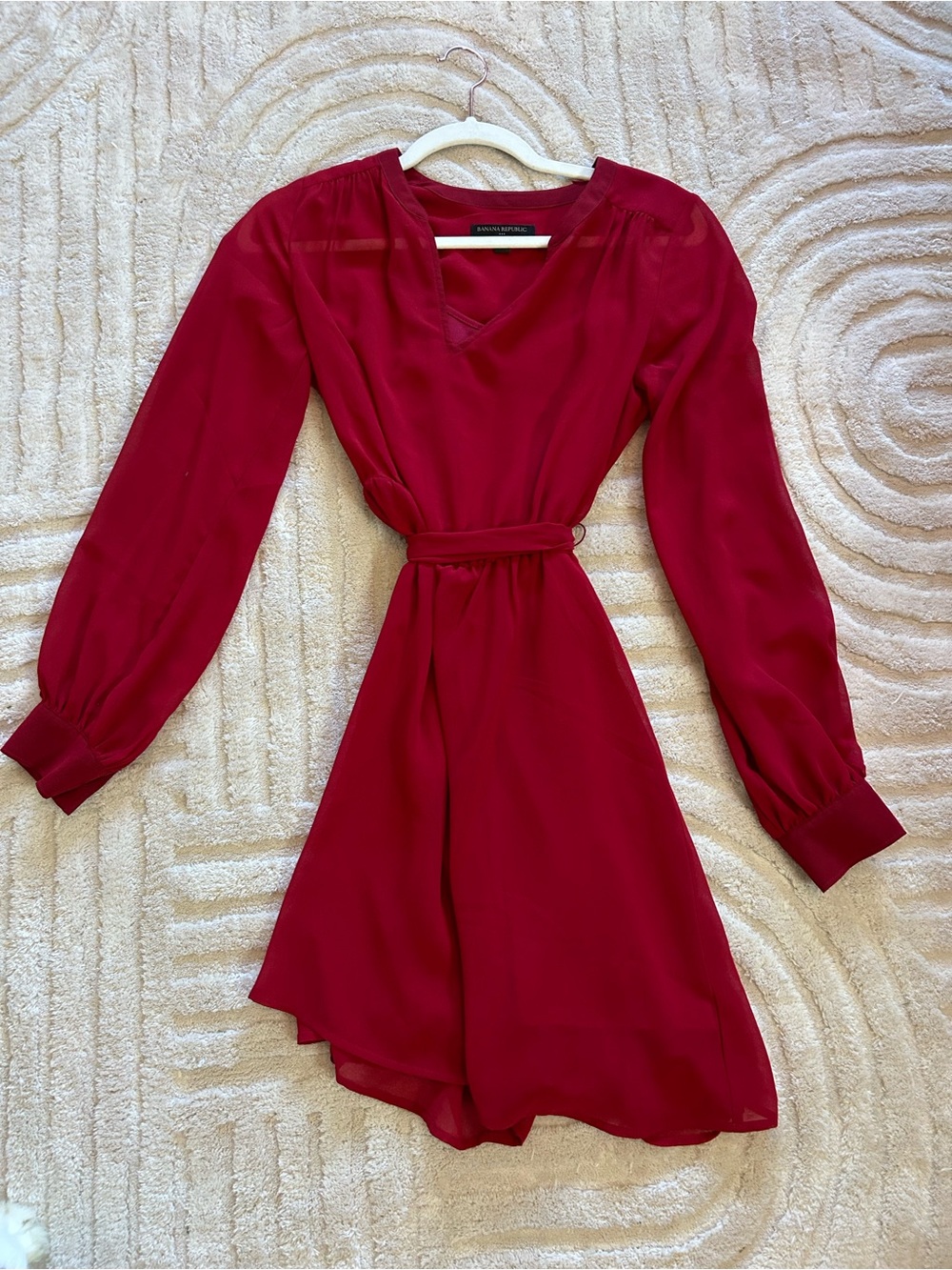 Banana Republic Red Long-Sleeve V-Neck Belted Mini Dress